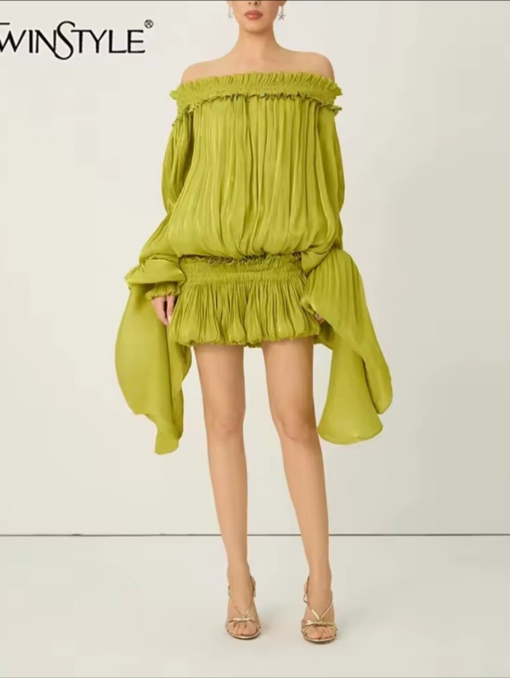 Green off shoulder ruched mini dress with shorts sz l